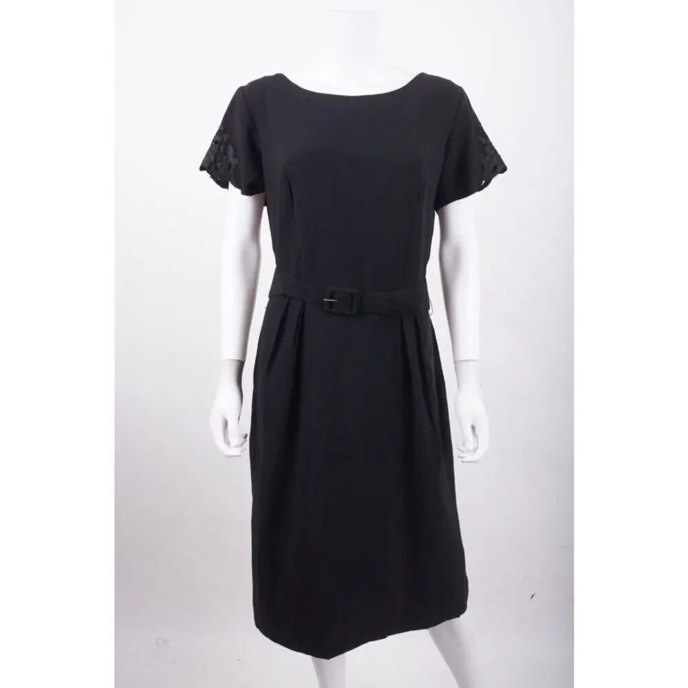 Vintage Womans Secretary Midi Dress M Black Cocktail Evening Party A-Line Belted